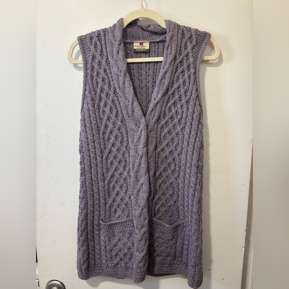 Carraig Donn Merino Irish Wool Snap Fisherman Cable Knit Sweater Vest Ireland M - Picture 4 of 6